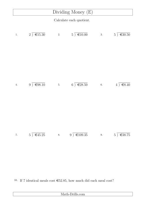 The Dividing Euro Amounts in Increments of 5 Cents by One-Digit Divisors (E) Math Worksheet