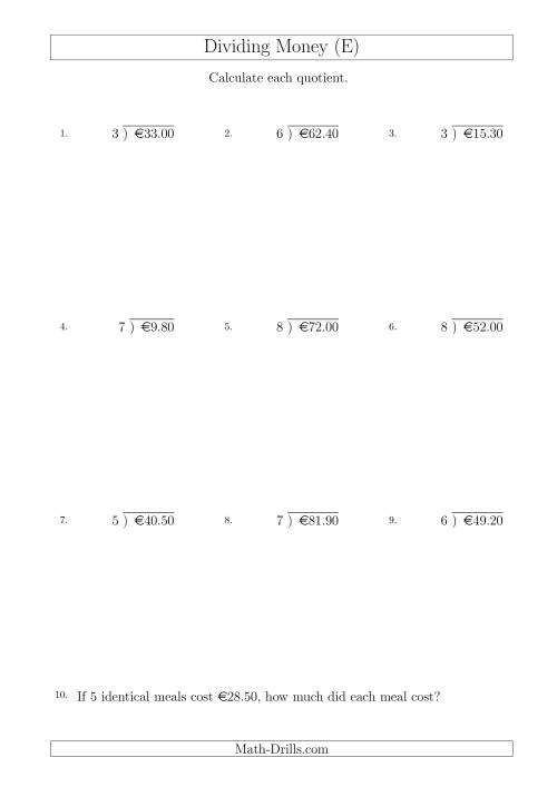 The Dividing Euro Amounts in Increments of 10 Cents by One-Digit Divisors (E) Math Worksheet