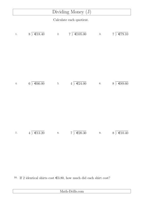 The Dividing Euro Amounts in Increments of 10 Cents by One-Digit Divisors (J) Math Worksheet