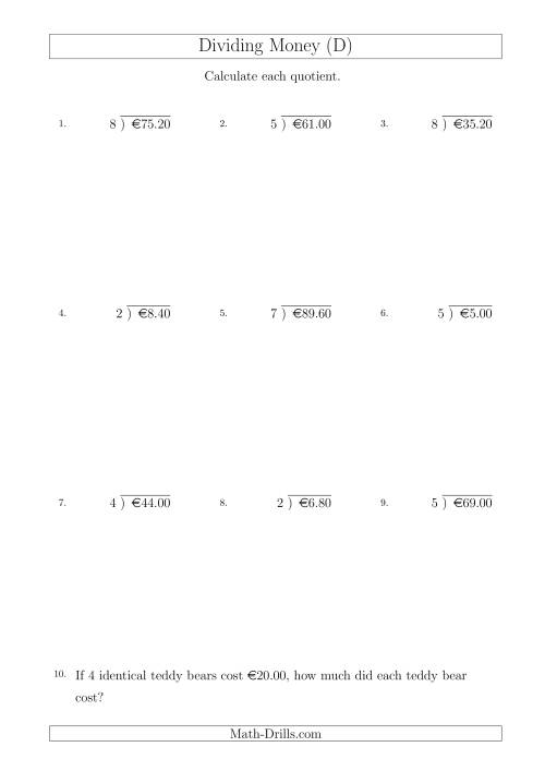 The Dividing Euro Amounts in Increments of 20 Cents by One-Digit Divisors (D) Math Worksheet