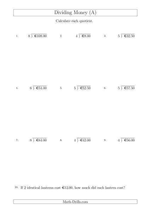 The Dividing Euro Amounts in Increments of 50 Cents by One-Digit Divisors (A) Math Worksheet