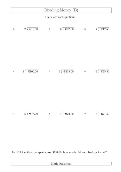 The Dividing Euro Amounts in Increments of 50 Cents by One-Digit Divisors (B) Math Worksheet