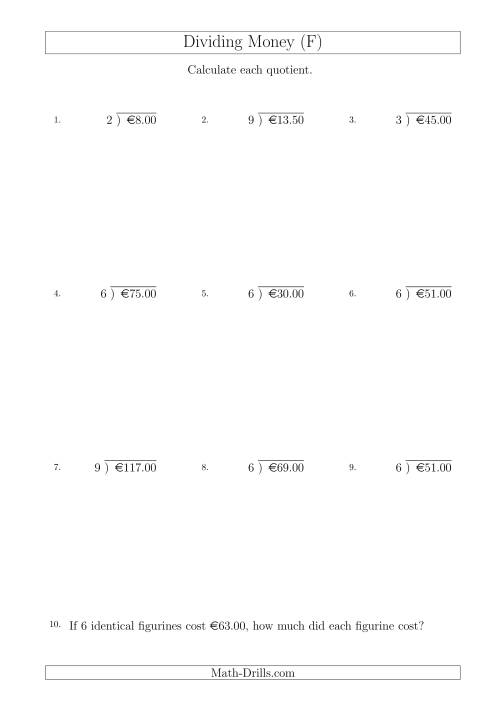 The Dividing Euro Amounts in Increments of 50 Cents by One-Digit Divisors (F) Math Worksheet