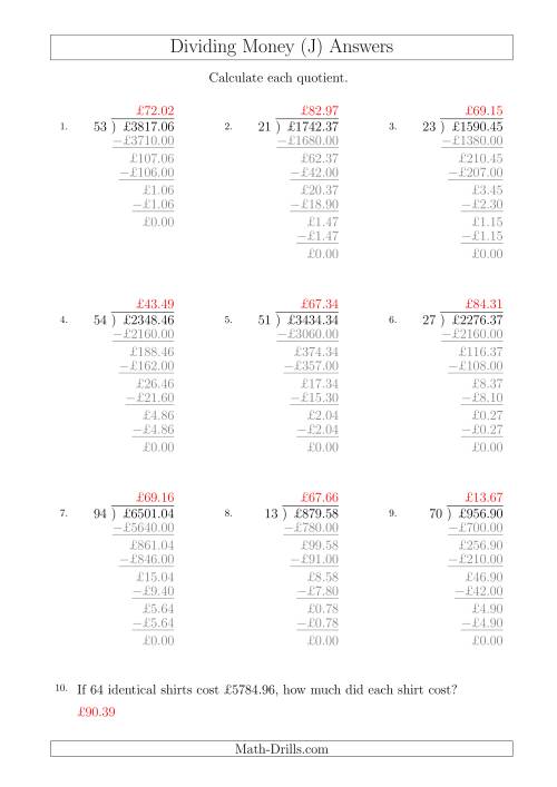 The Dividing Pound Sterling Amounts by Two-Digit Divisors (J) Math Worksheet Page 2