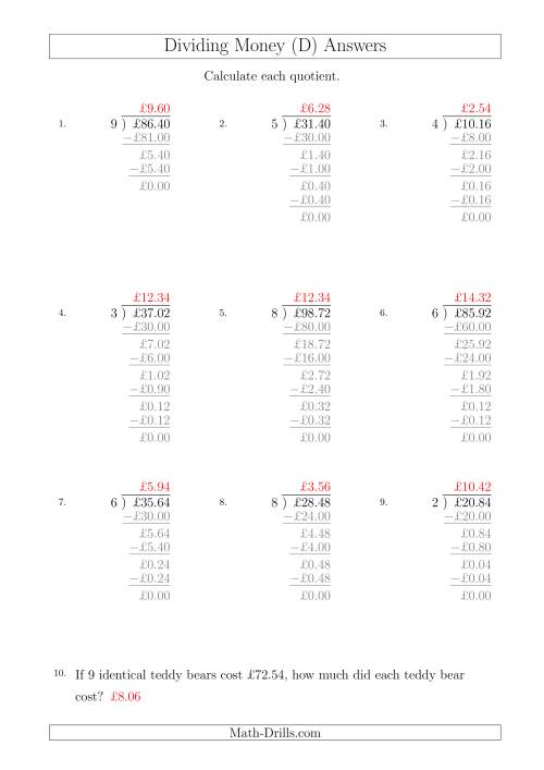 The Dividing Pound Sterling Amounts in Increments of 2 Pence by One-Digit Divisors (D) Math Worksheet Page 2