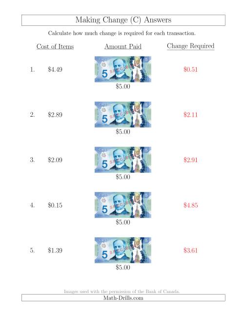 The Making Change from Canadian $5 Bills (C) Math Worksheet Page 2