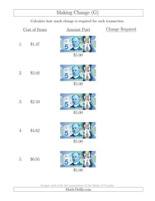 The Making Change from Canadian $5 Bills (G) Math Worksheet