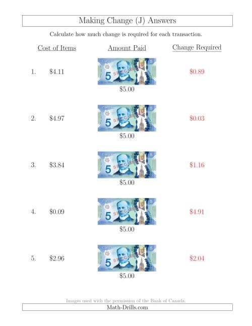The Making Change from Canadian $5 Bills (J) Math Worksheet Page 2