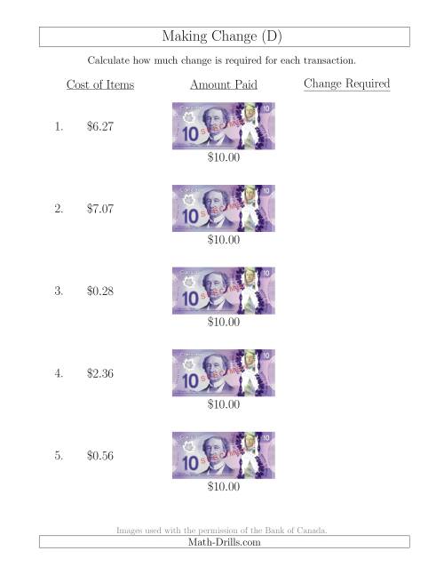 The Making Change from Canadian $10 Bills (D) Math Worksheet