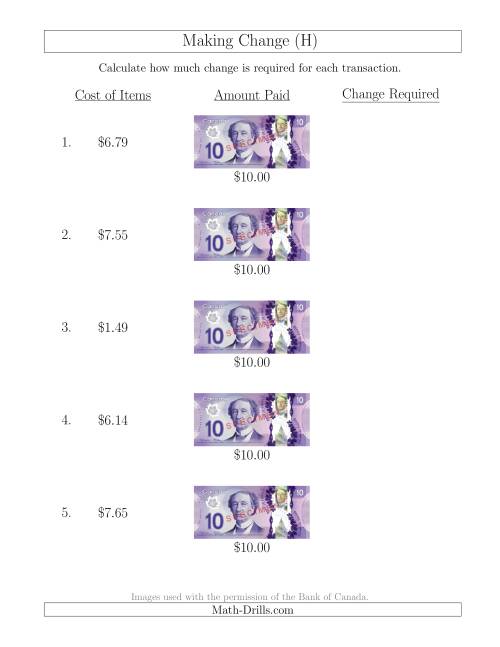 The Making Change from Canadian $10 Bills (H) Math Worksheet