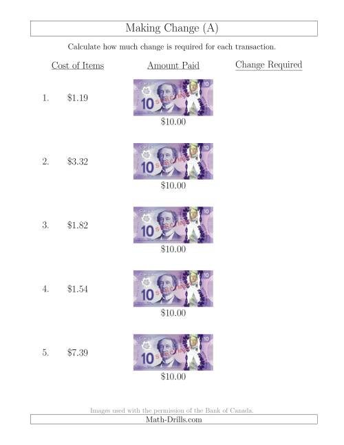 The Making Change from Canadian $10 Bills (All) Math Worksheet
