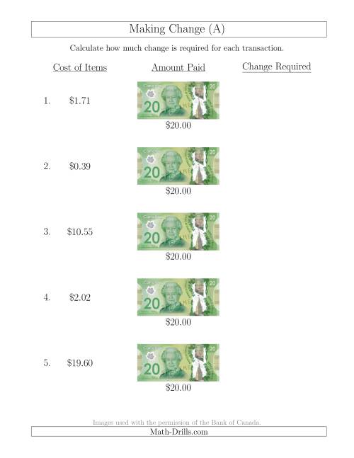 The Making Change from Canadian $20 Bills (A) Math Worksheet