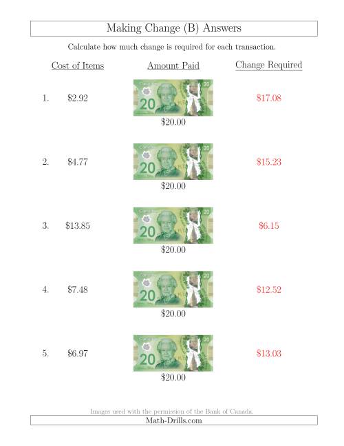 The Making Change from Canadian $20 Bills (B) Math Worksheet Page 2