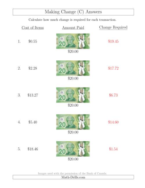 The Making Change from Canadian $20 Bills (C) Math Worksheet Page 2