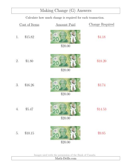 The Making Change from Canadian $20 Bills (G) Math Worksheet Page 2