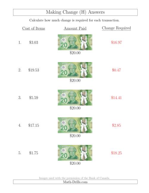 The Making Change from Canadian $20 Bills (H) Math Worksheet Page 2