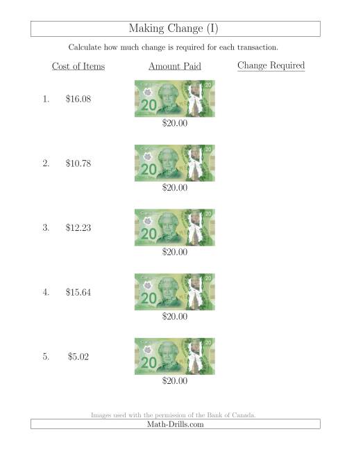 The Making Change from Canadian $20 Bills (I) Math Worksheet