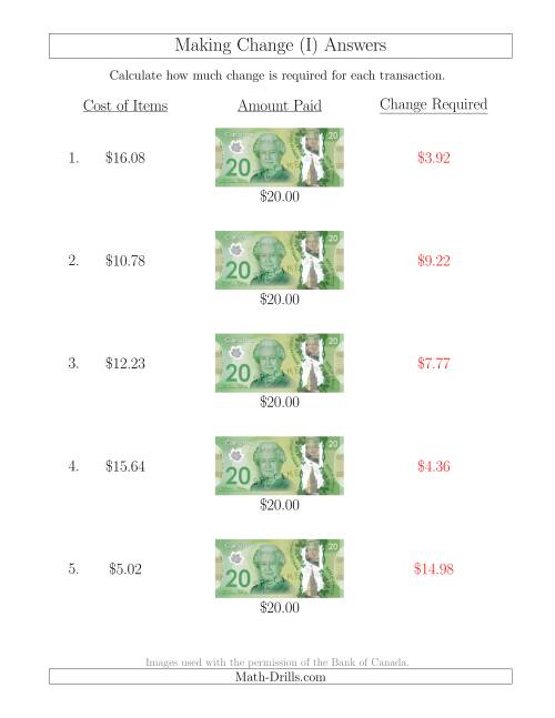 The Making Change from Canadian $20 Bills (I) Math Worksheet Page 2