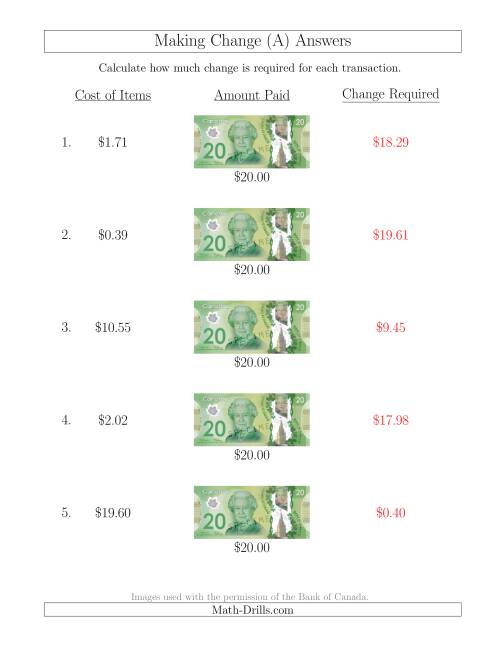 The Making Change from Canadian $20 Bills (All) Math Worksheet Page 2