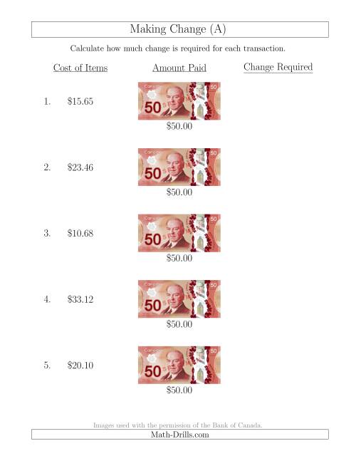 The Making Change from Canadian $50 Bills (A) Math Worksheet