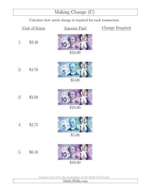 The Making Change from Canadian Bills up to $10 (C) Math Worksheet