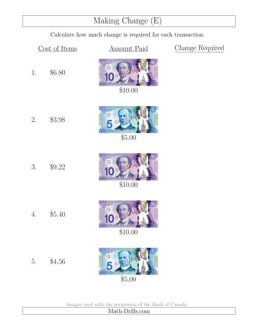 The Making Change from Canadian Bills up to $10 (E) Math Worksheet