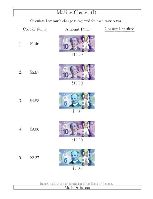 The Making Change from Canadian Bills up to $10 (I) Math Worksheet