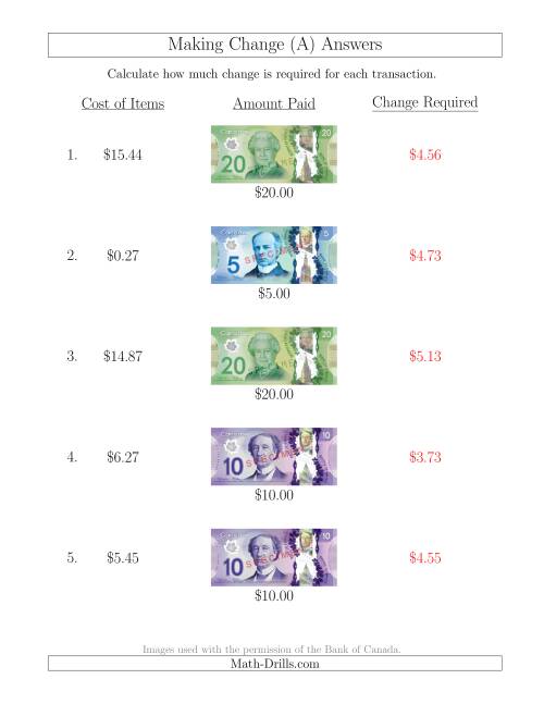 The Making Change from Canadian Bills up to $20 (A) Math Worksheet Page 2