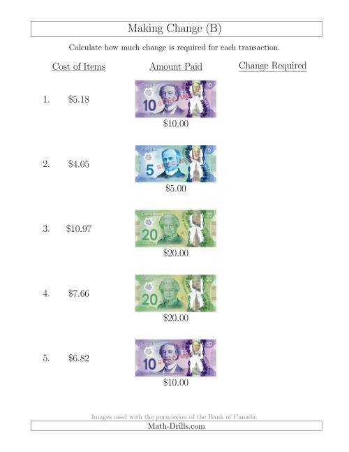 The Making Change from Canadian Bills up to $20 (B) Math Worksheet