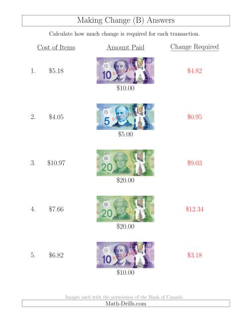 The Making Change from Canadian Bills up to $20 (B) Math Worksheet Page 2