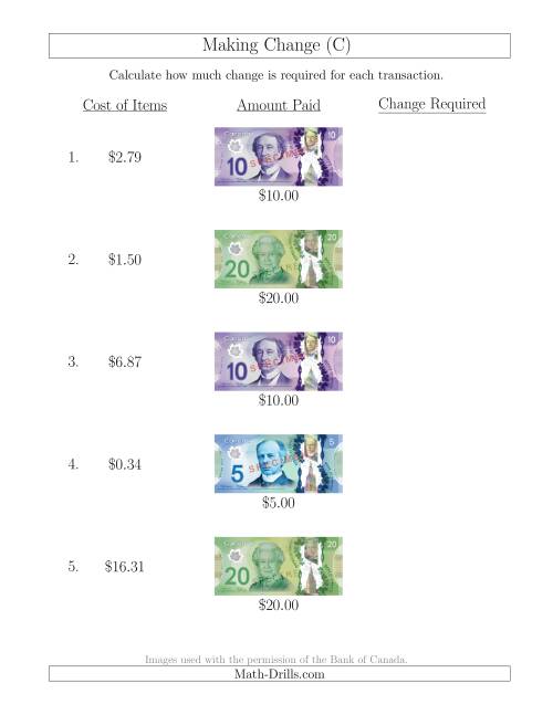 The Making Change from Canadian Bills up to $20 (C) Math Worksheet