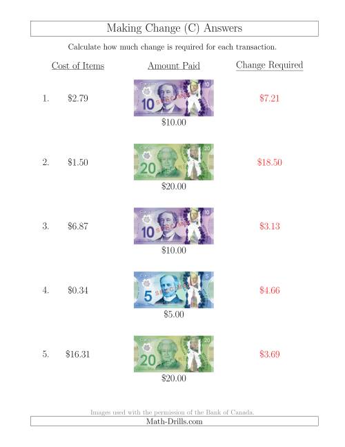 The Making Change from Canadian Bills up to $20 (C) Math Worksheet Page 2