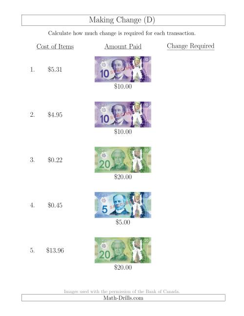 The Making Change from Canadian Bills up to $20 (D) Math Worksheet