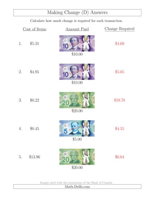 The Making Change from Canadian Bills up to $20 (D) Math Worksheet Page 2
