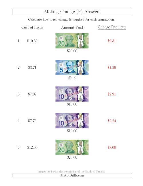 The Making Change from Canadian Bills up to $20 (E) Math Worksheet Page 2