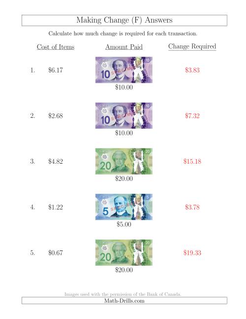 The Making Change from Canadian Bills up to $20 (F) Math Worksheet Page 2