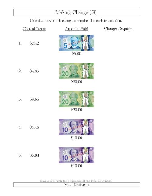 The Making Change from Canadian Bills up to $20 (G) Math Worksheet