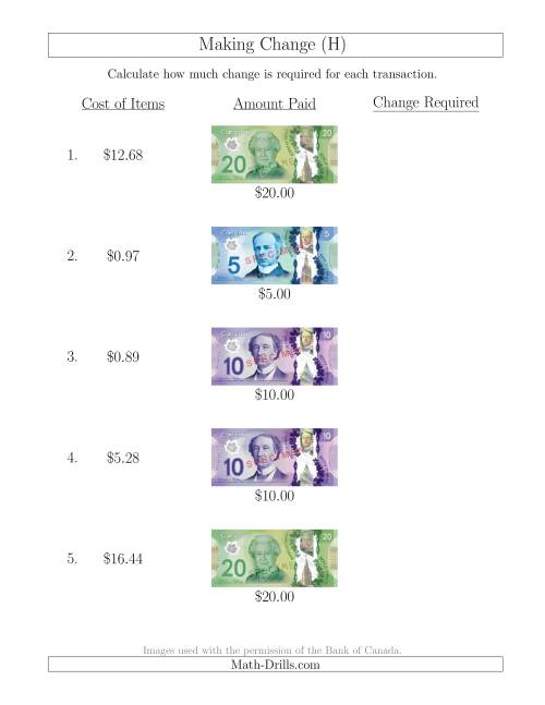 The Making Change from Canadian Bills up to $20 (H) Math Worksheet