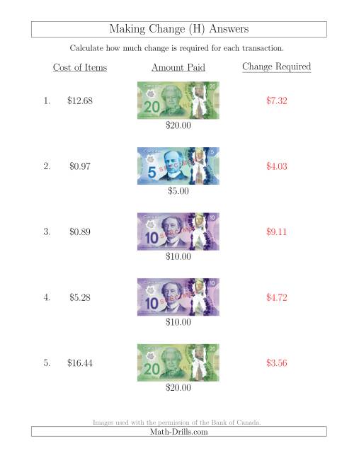 The Making Change from Canadian Bills up to $20 (H) Math Worksheet Page 2