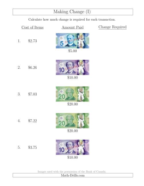 The Making Change from Canadian Bills up to $20 (I) Math Worksheet