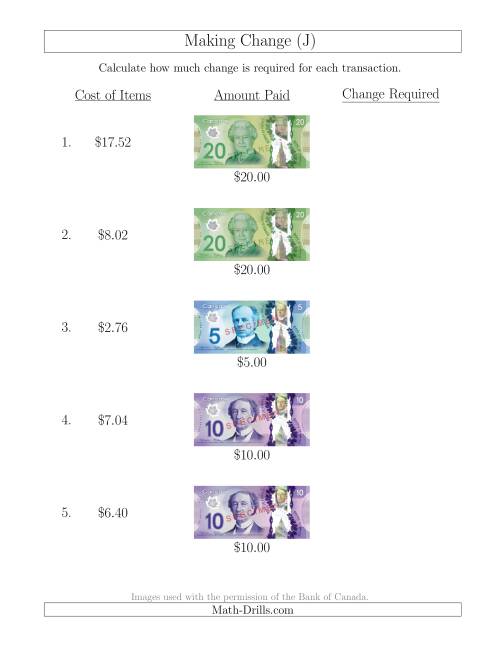 The Making Change from Canadian Bills up to $20 (J) Math Worksheet