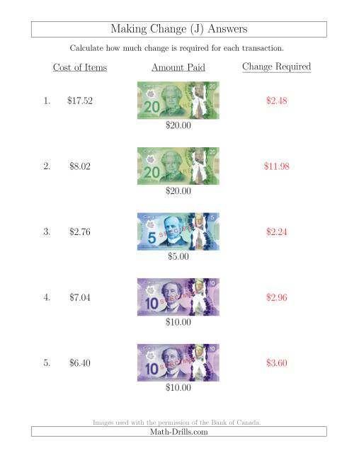 The Making Change from Canadian Bills up to $20 (J) Math Worksheet Page 2