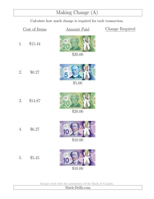The Making Change from Canadian Bills up to $20 (All) Math Worksheet