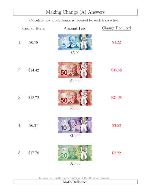 The Making Change from Canadian Bills up to $50 (A) Math Worksheet Page 2