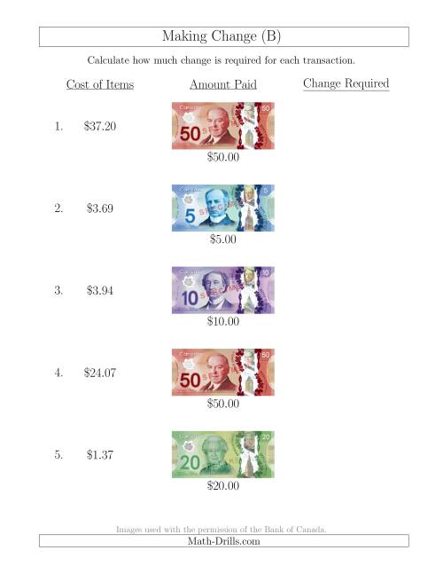 The Making Change from Canadian Bills up to $50 (B) Math Worksheet