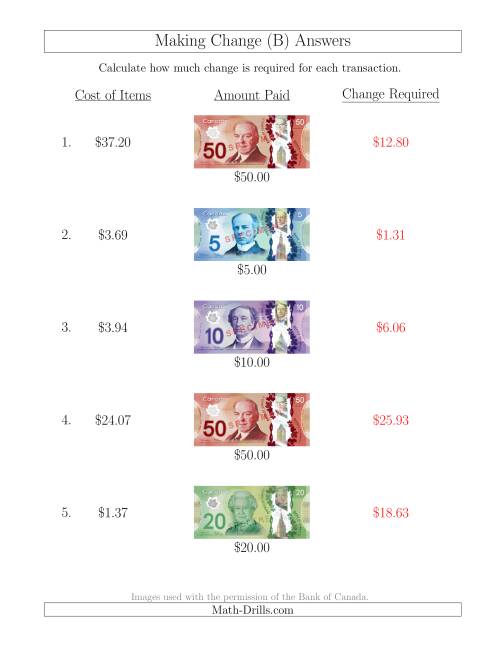The Making Change from Canadian Bills up to $50 (B) Math Worksheet Page 2