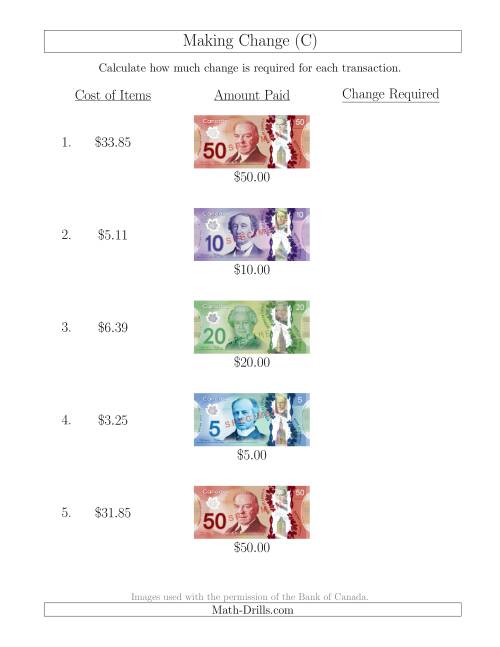The Making Change from Canadian Bills up to $50 (C) Math Worksheet