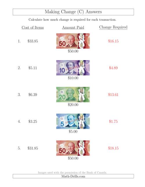 The Making Change from Canadian Bills up to $50 (C) Math Worksheet Page 2