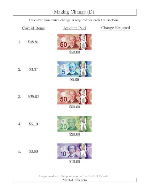 The Making Change from Canadian Bills up to $50 (D) Math Worksheet