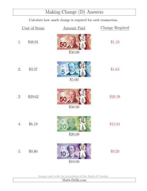 The Making Change from Canadian Bills up to $50 (D) Math Worksheet Page 2